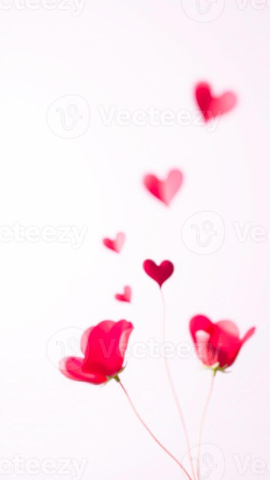 Pink Heart-Shaped Flowers with Red Heart-Shaped Balloons Floating Upwards Against White Background photo