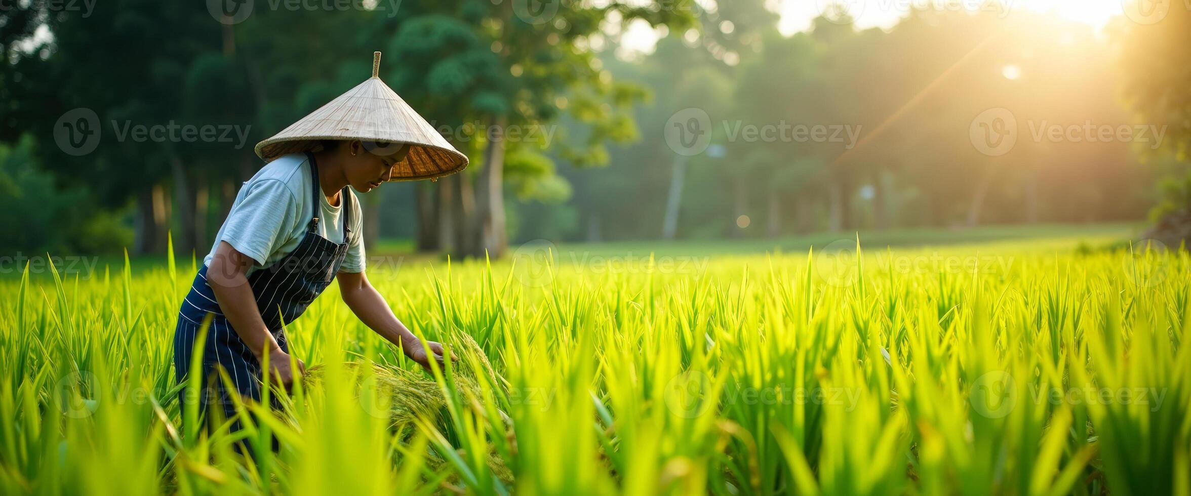 Farmer Inspecting Rice Paddy in Golden Hour photo