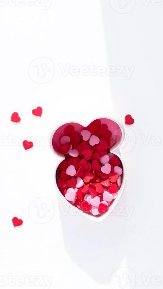 Heart-Shaped Box Filled with Red and Pink Hearts photo