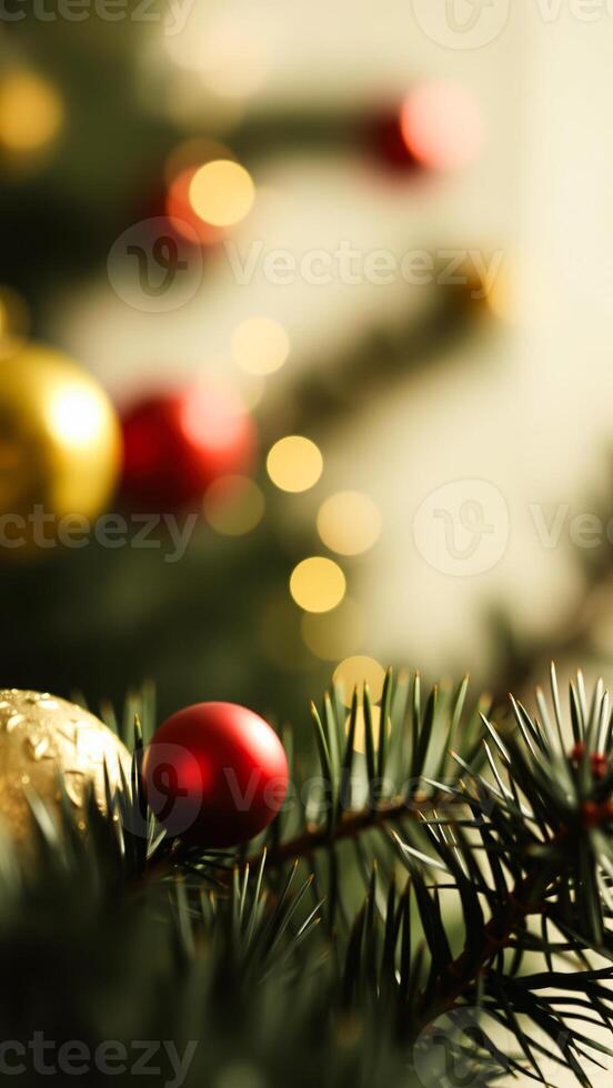 Close-up of Christmas Ornament on Pine Tree Branch with Blurred Lights photo
