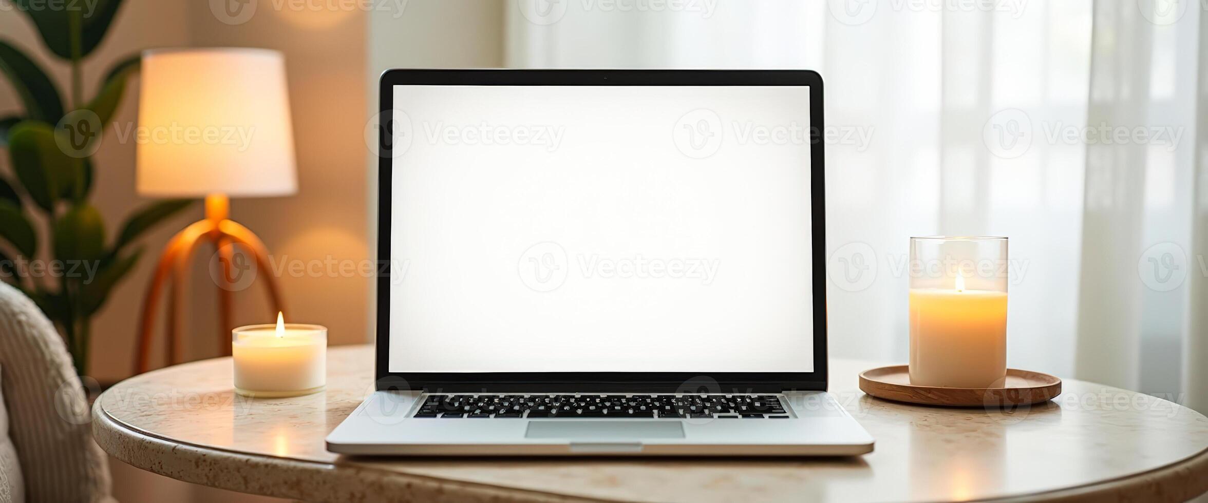 Laptop with Blank Screen on Table with Candles photo