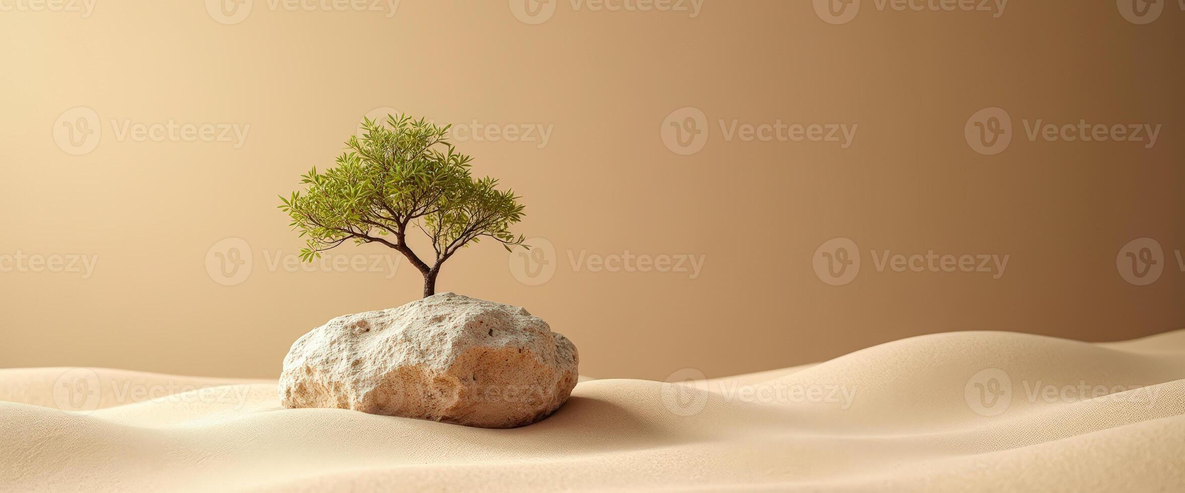 Minimalist Tree on a Rock in a Sandy Desert photo