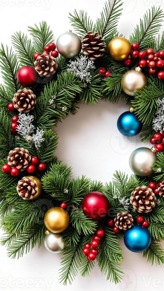 Festive Christmas Wreath with Ornaments and Pine Cones photo