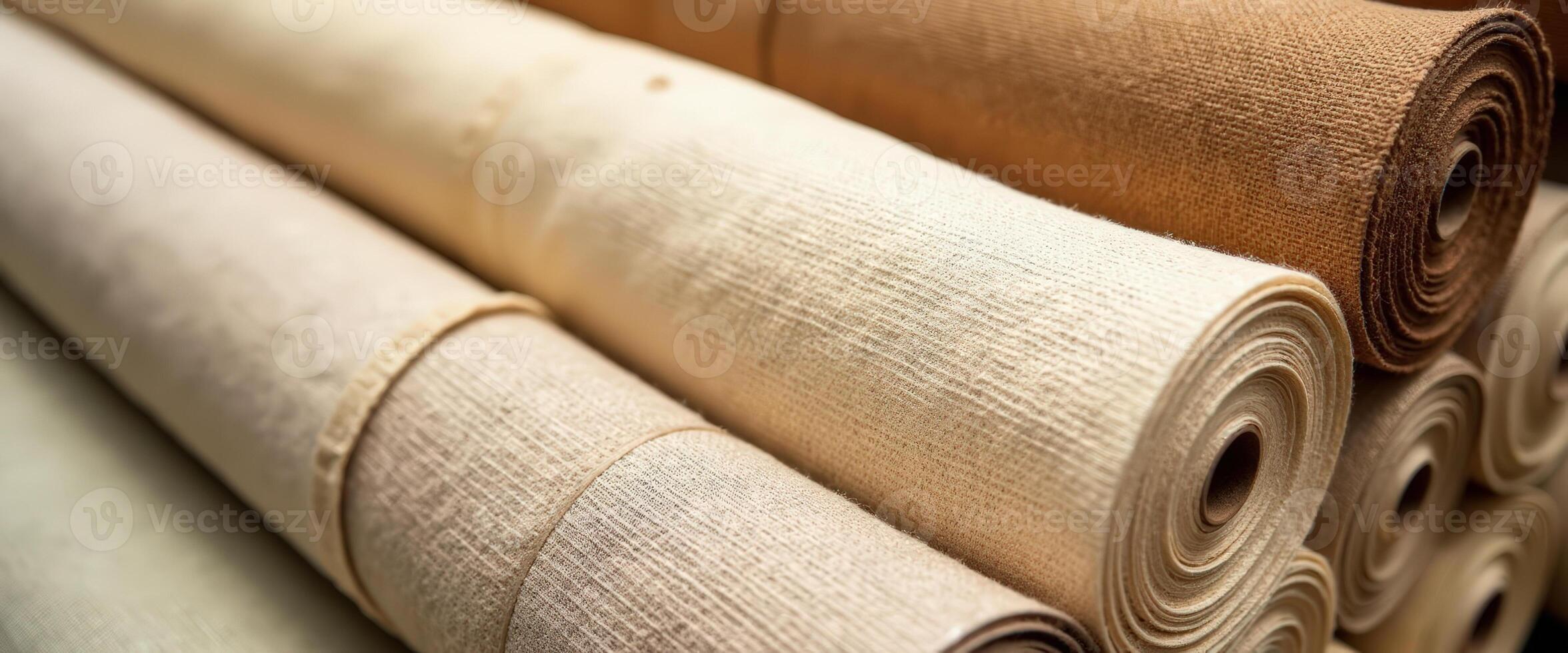 Rolls of Fabric in Beige, Brown, and Cream photo