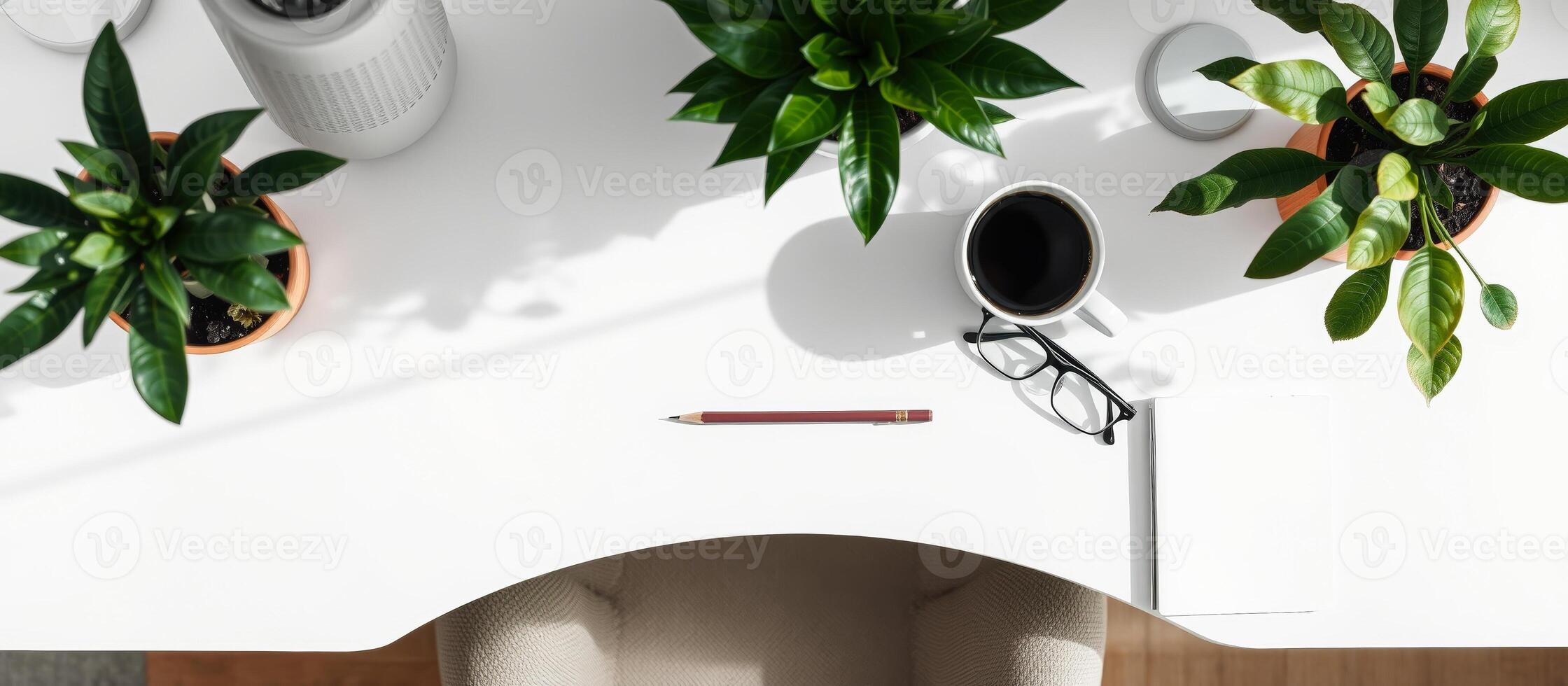 Minimalist Workspace with Plants and Coffee photo
