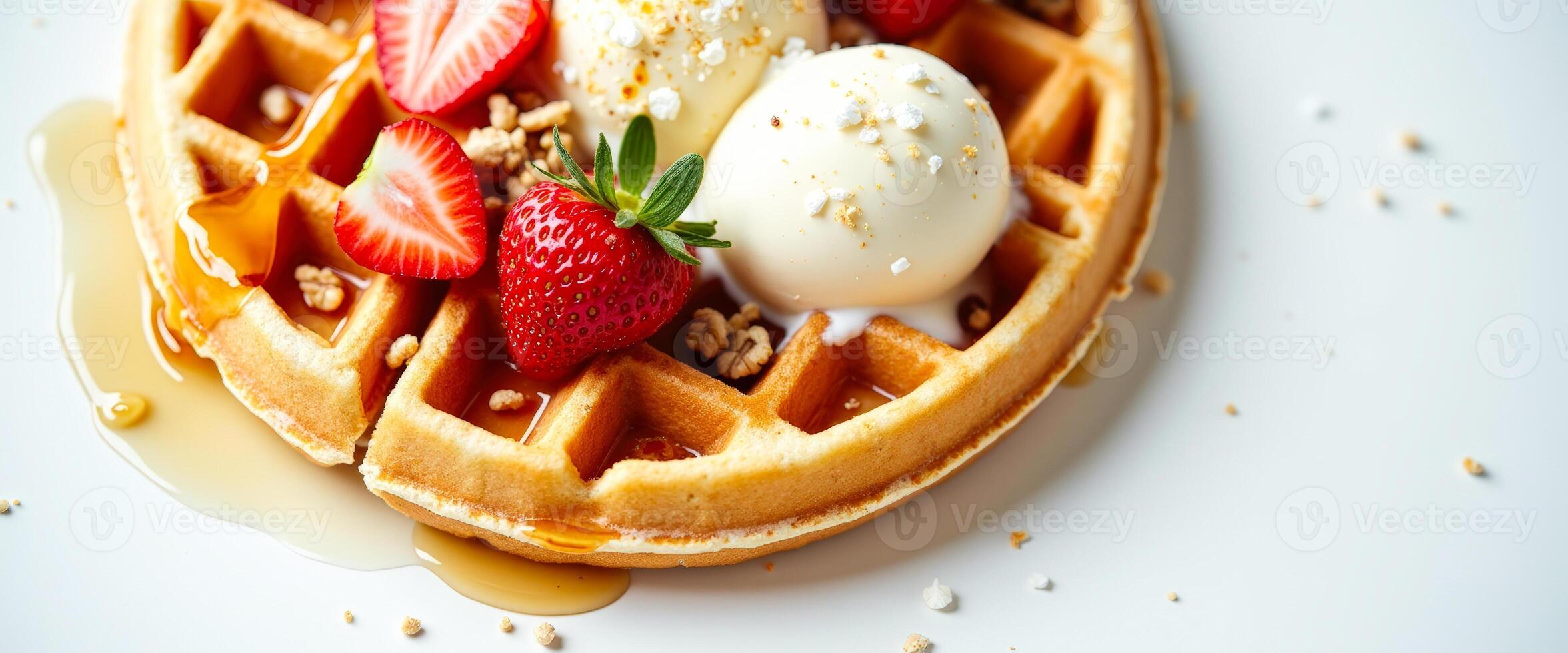 Close Up of a Delicious Waffle with Strawberries, Ice Cream, and Syrup photo
