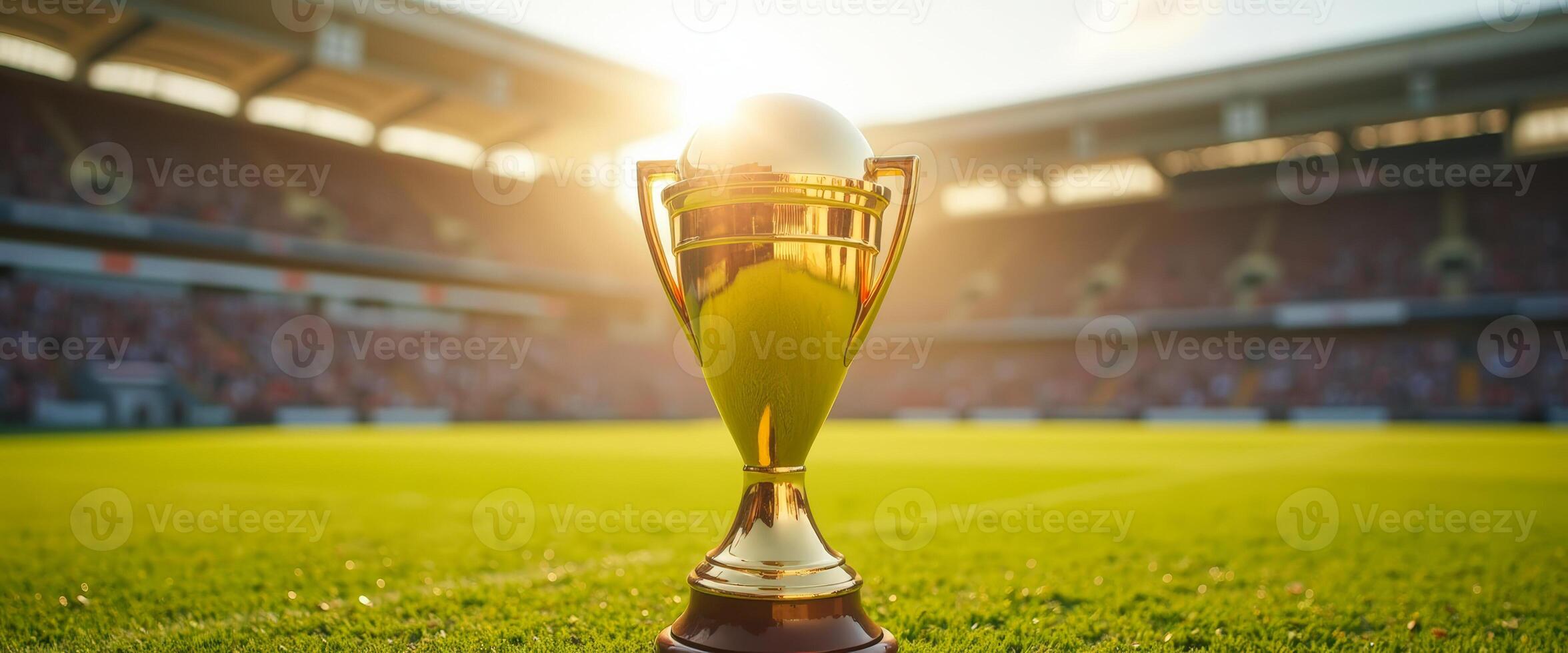 Golden Trophy on Green Grass in Stadium photo