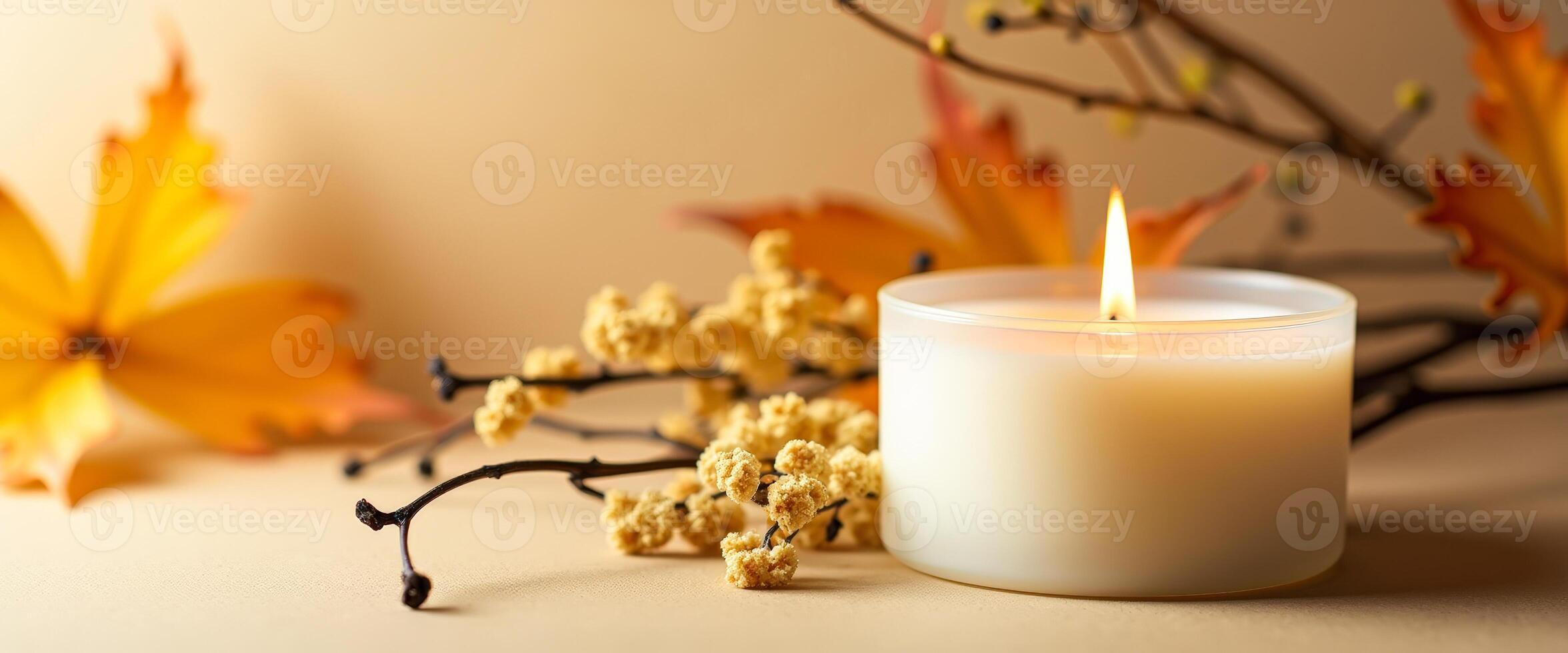 Burning candle with autumn leaves and branches photo