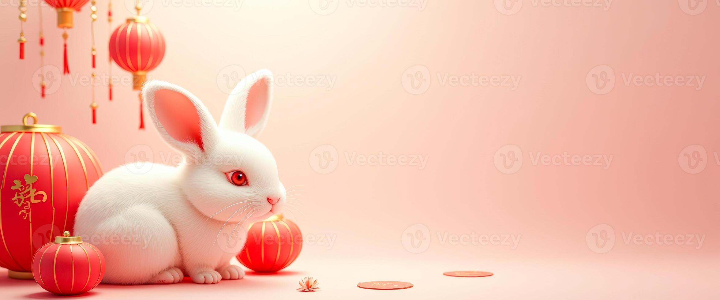 Cute White Rabbit with Red Lanterns for Chinese New Year photo