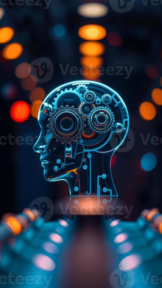 Abstract Head with Gears and Bokeh Lights photo