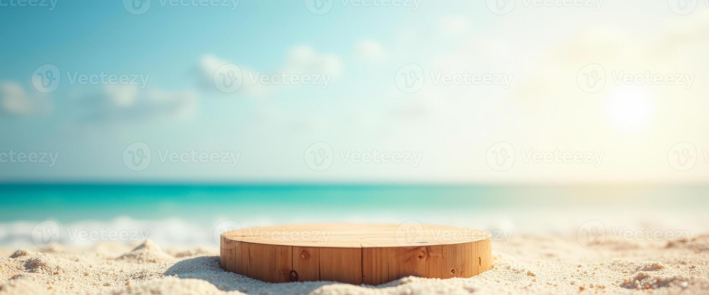 Wooden Platform on a Beach with Ocean Background photo