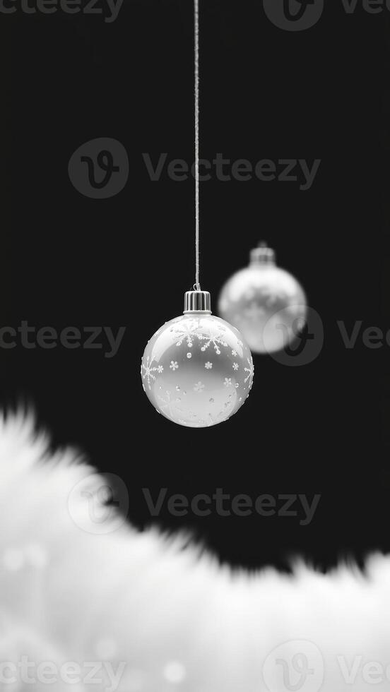 White Christmas Ornaments Hanging Against a Black Background photo
