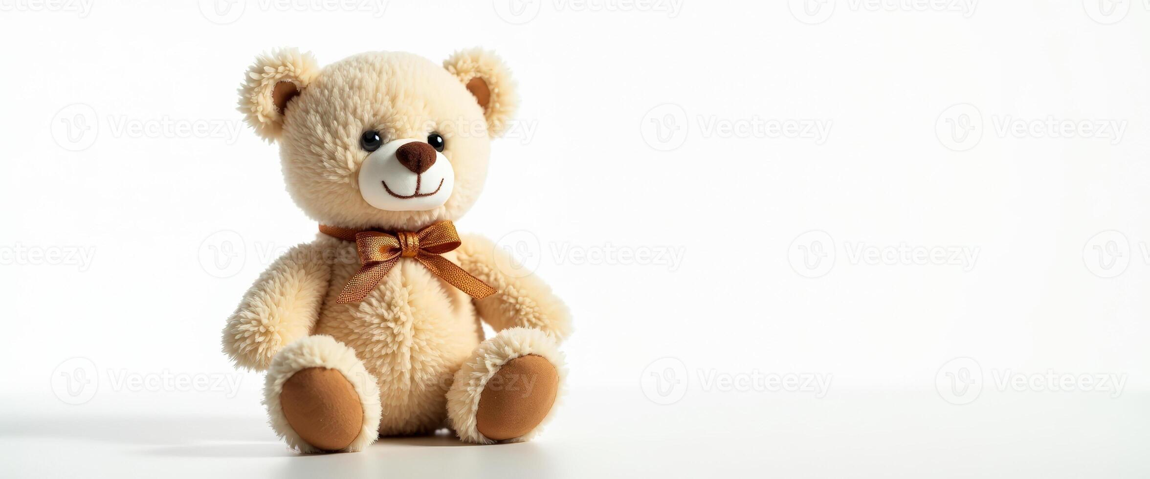 Plush Teddy Bear with Bow on White Background photo