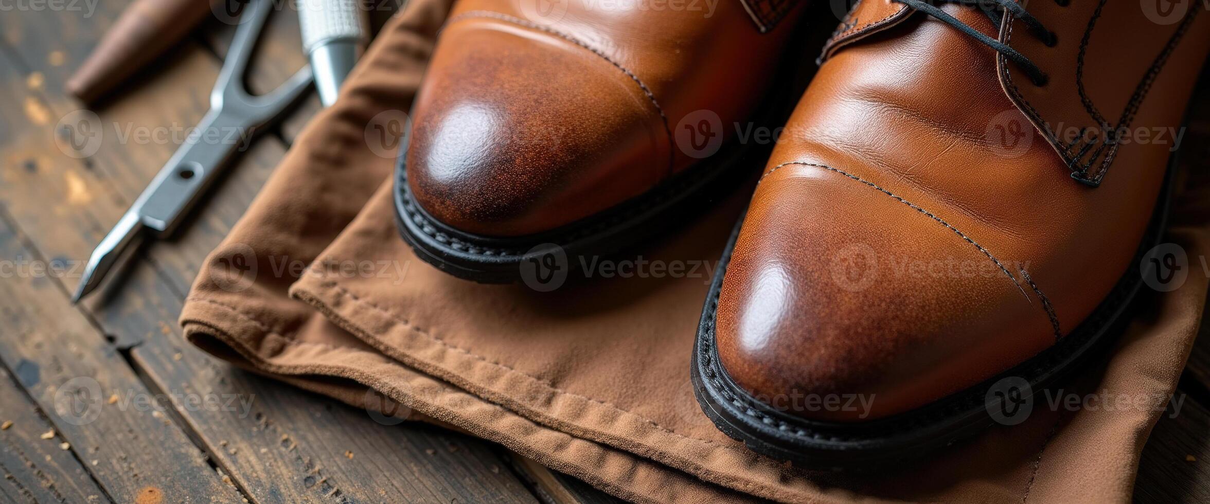Close-up of brown leather shoes with a brown cloth and tools in the background. photo