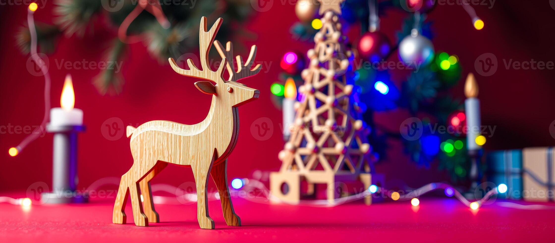 Wooden Reindeer Ornament with Christmas Tree and Lights photo