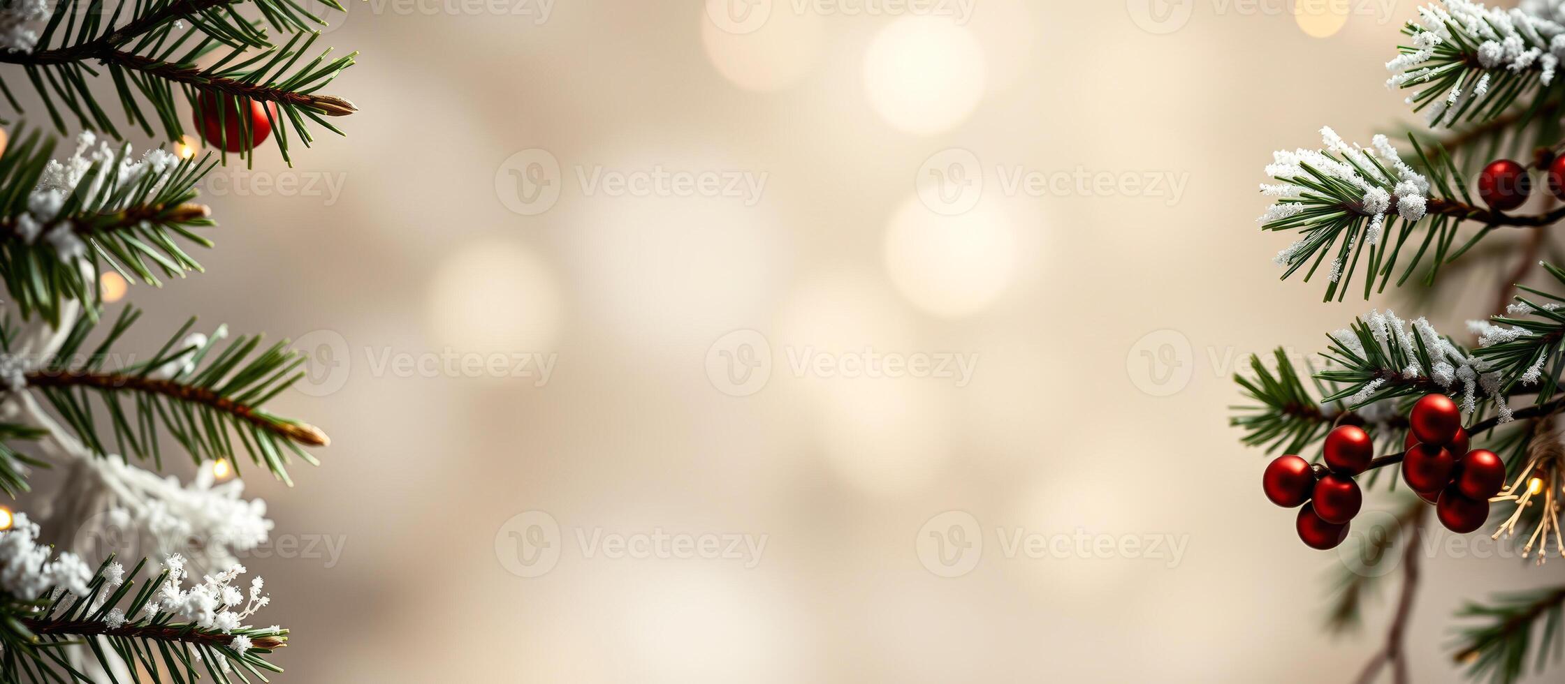 Festive Christmas Frame with Sparkling Lights and Snow-Dusted Pine Branches photo