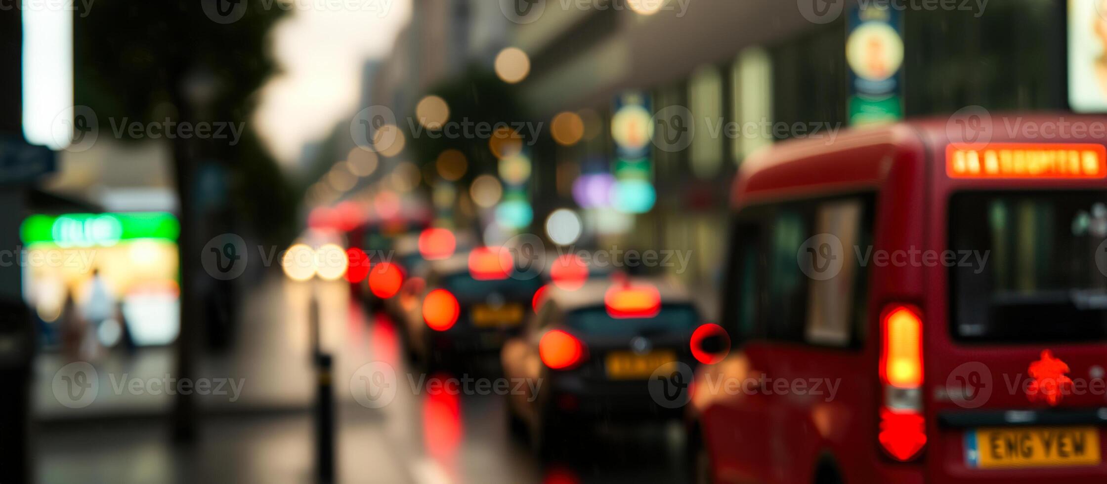 Blurred Cityscape with Red Bus photo