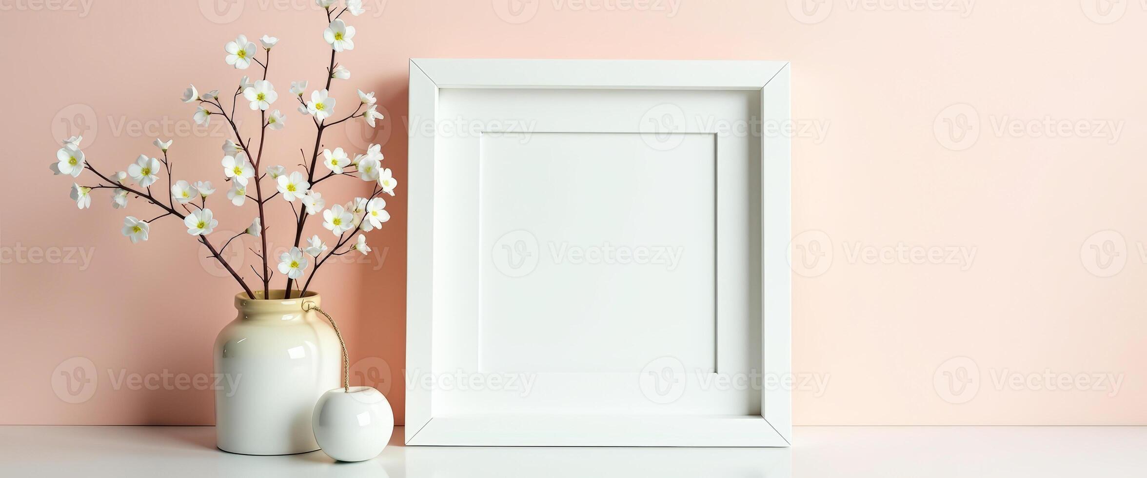 White Frame Mockup with White Flowers in a Vase on a Pink Background photo