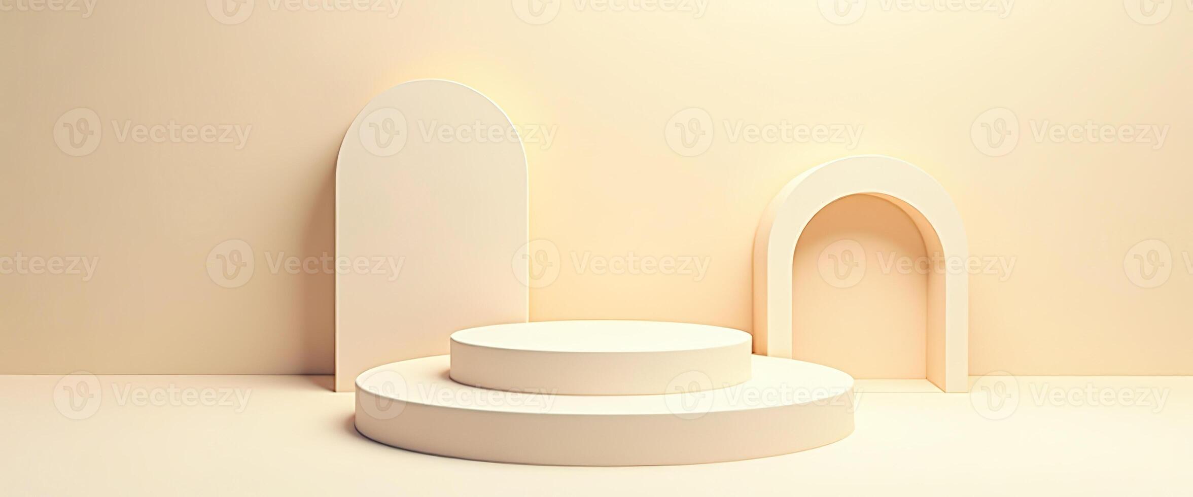 Minimalist Beige Product Display with Two Circular Platforms and Curved Walls photo