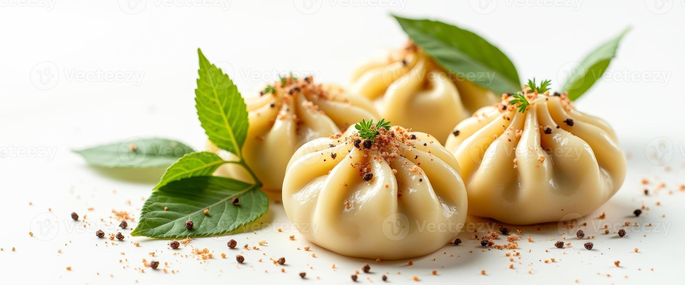 Closeup of Khinkali, Georgian Dumplings, with Green Herbs and Spices photo