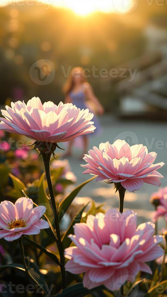 Pink Flowers in Golden Sunset Light photo