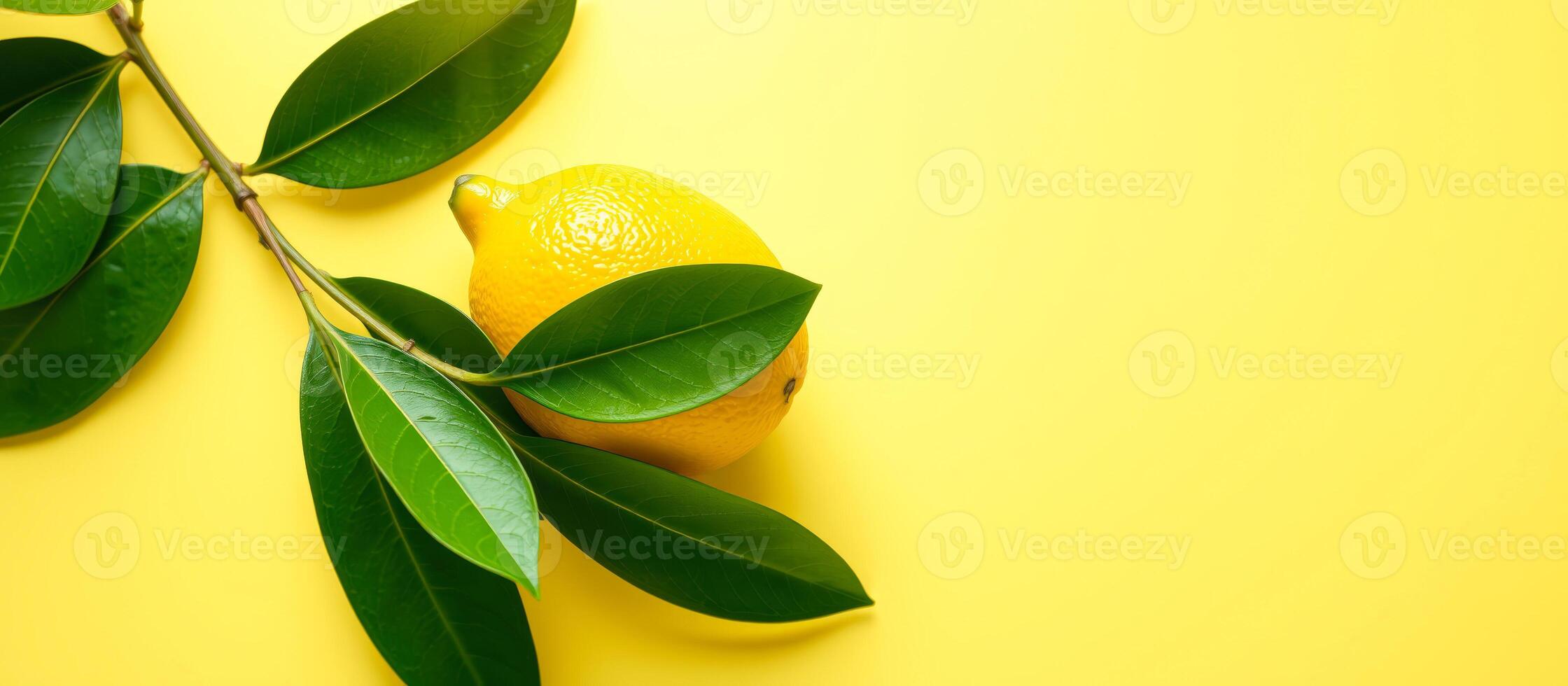 Lemon with Leaves on Yellow Background photo