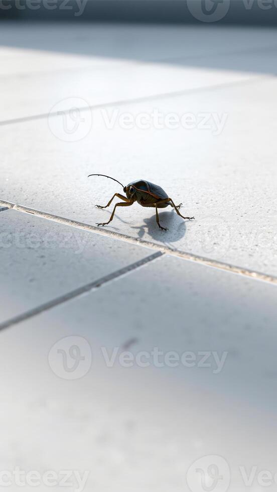 A Single Beetle Crawls Across a Tile Floor photo