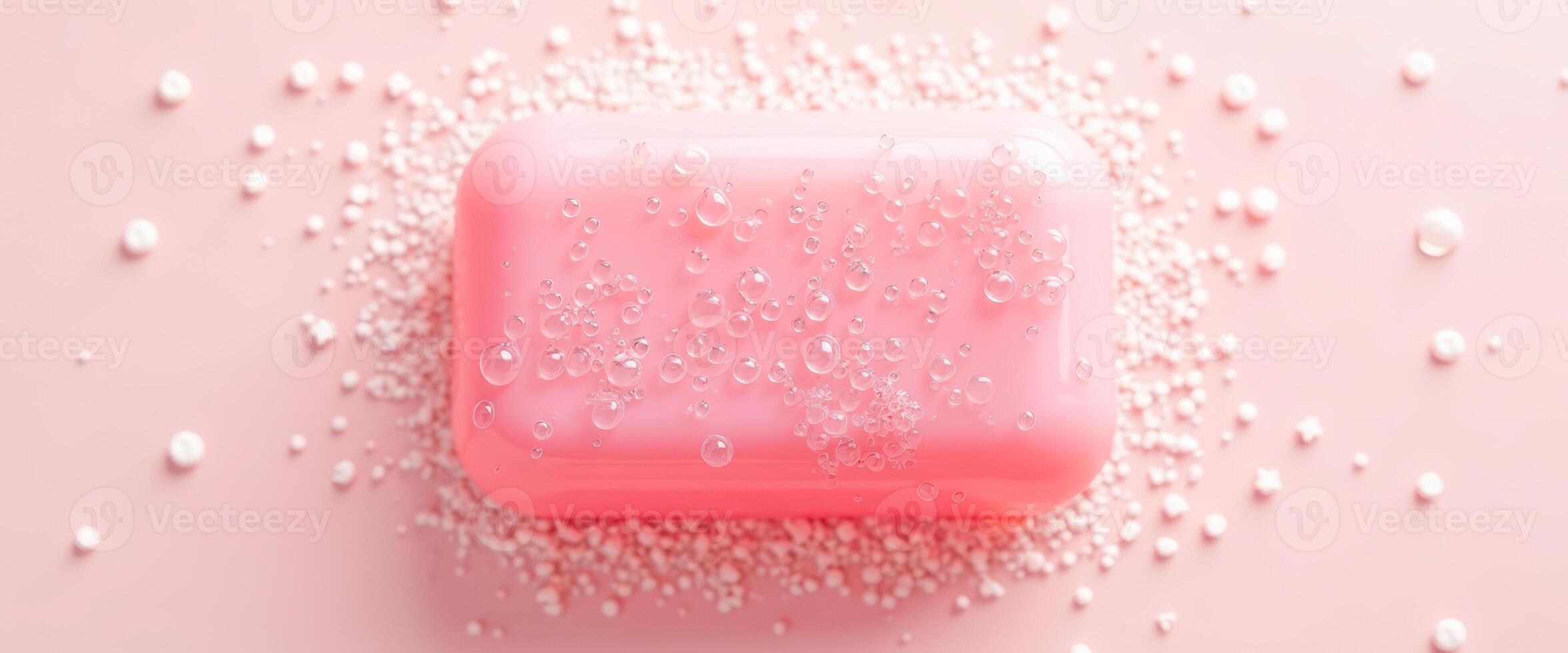 Pink Soap Bar with Bubbles on Pink Background photo