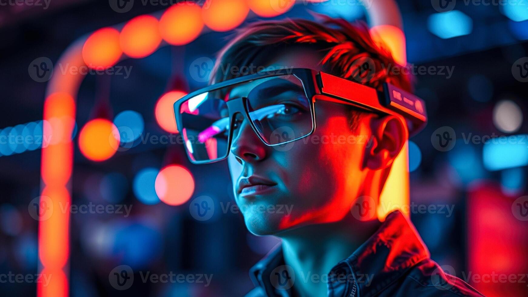 Man with Futuristic Glasses Under Red and Blue Lights photo