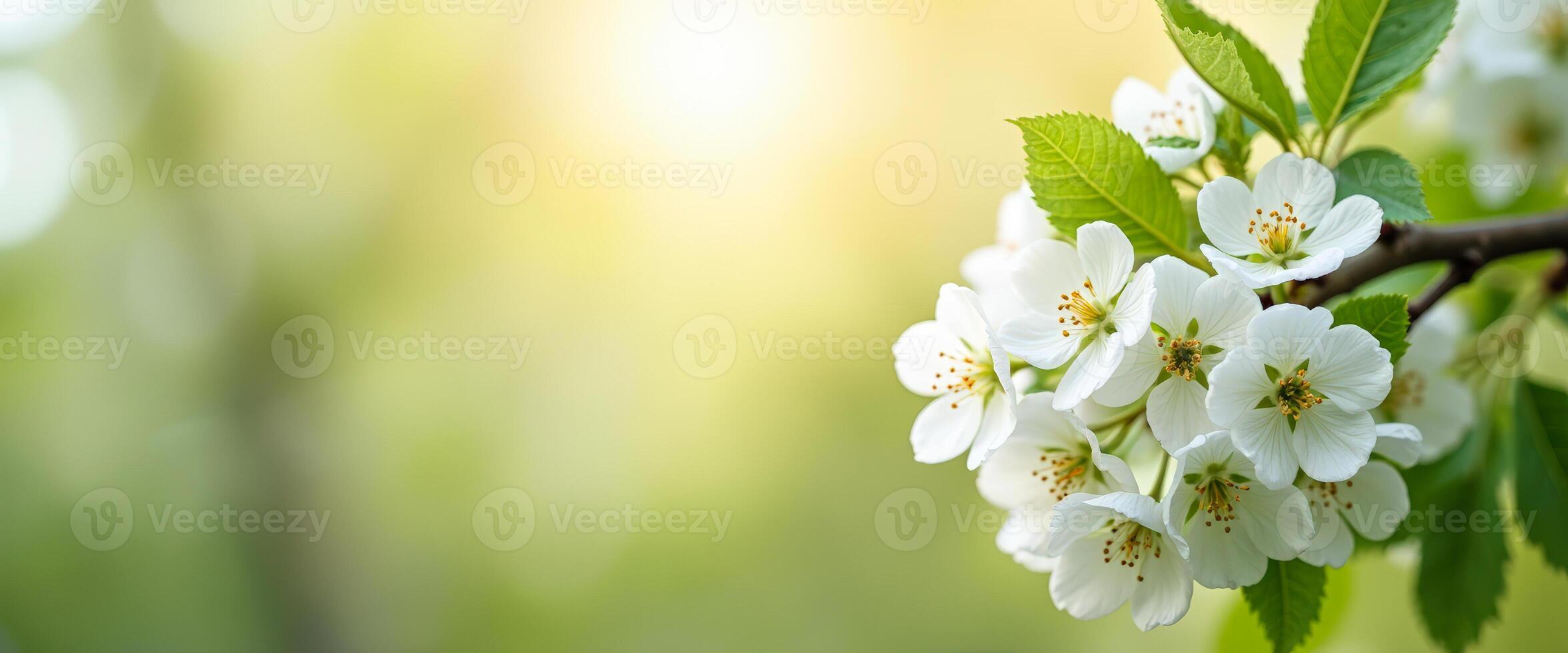 Delicate White Blossoms on a Branch with a Soft Green Background photo