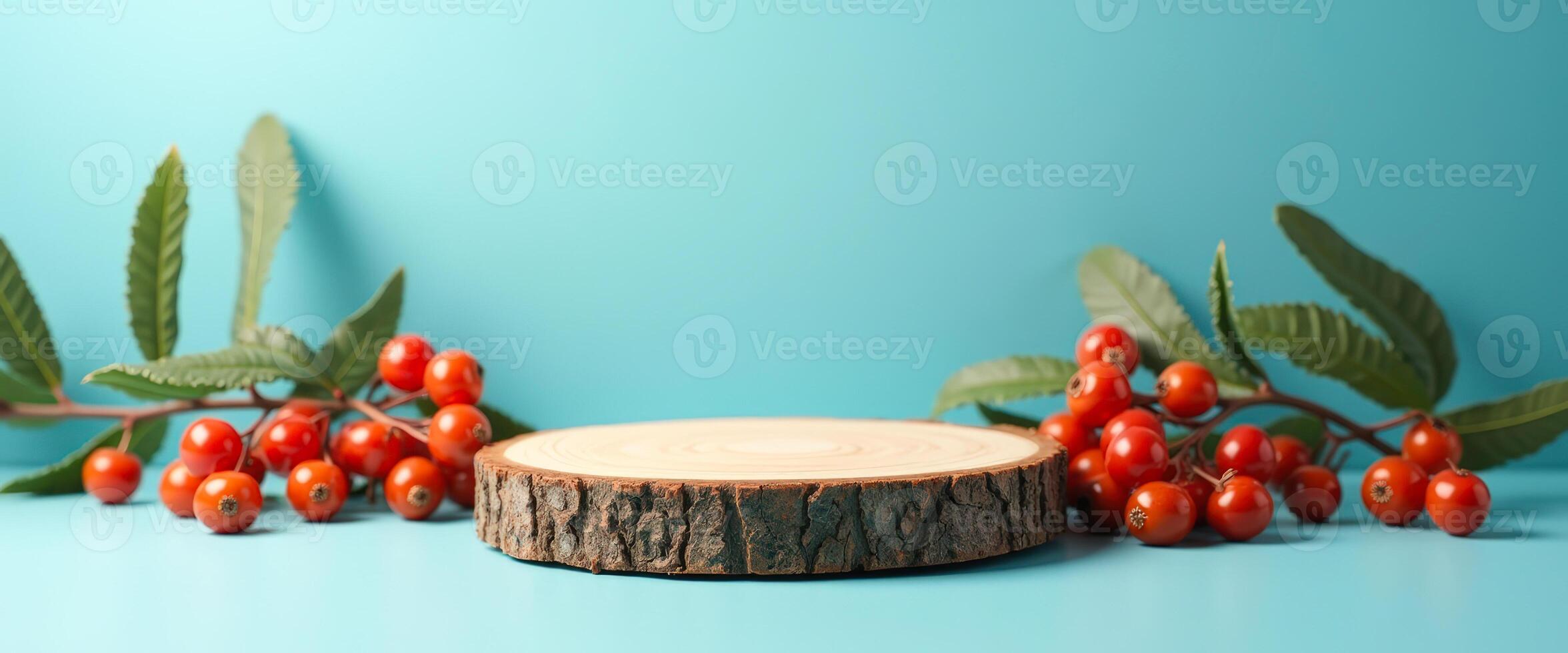 Wooden Slice with Red Berries on a Blue Background photo