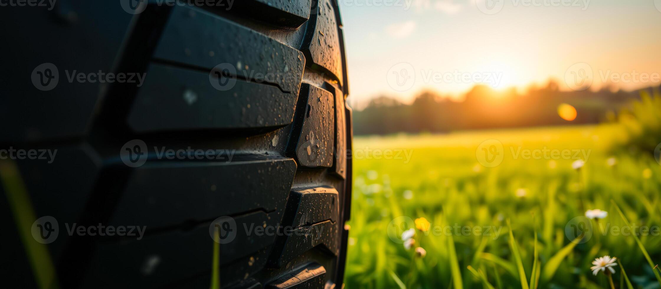 Close Up of a Tire on a Green Grass Field at Sunset photo
