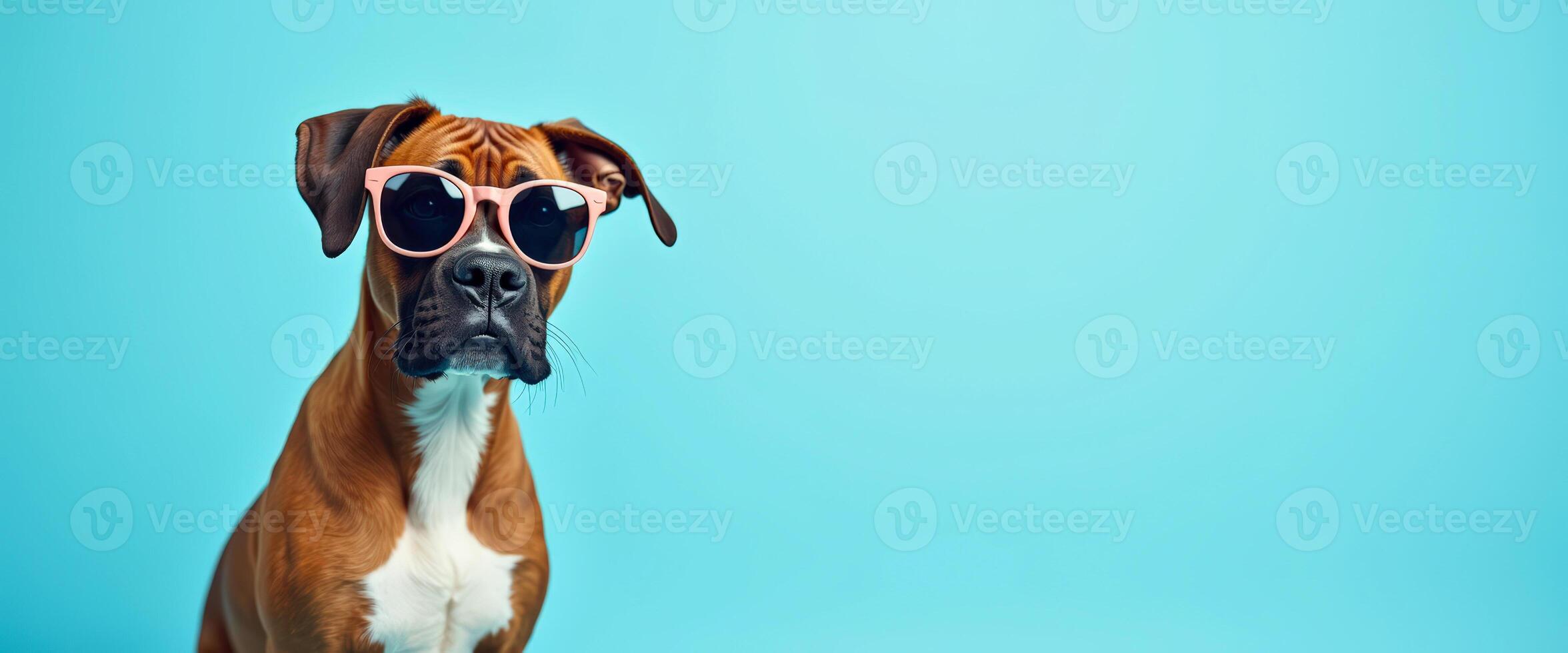 Cool Boxer Dog Wearing Sunglasses Against Blue Background photo