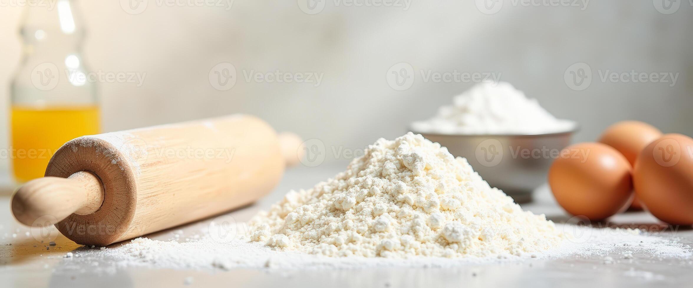 Flour, Eggs, and Rolling Pin on a Countertop photo
