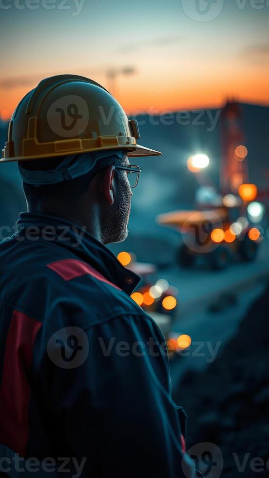 Construction worker contemplating at sunset photo