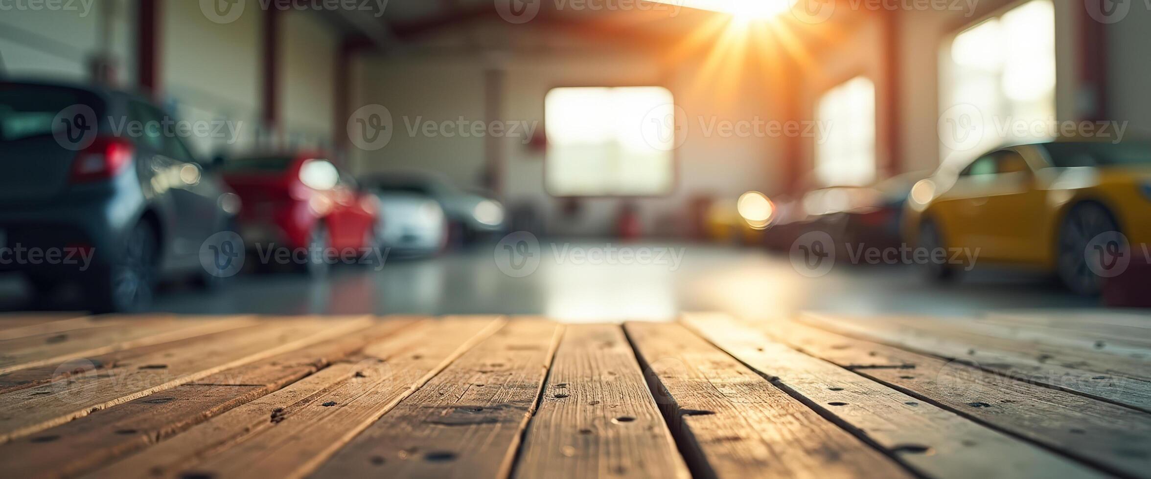 Wooden Plank in a Sunlit Garage with Cars in the Background photo