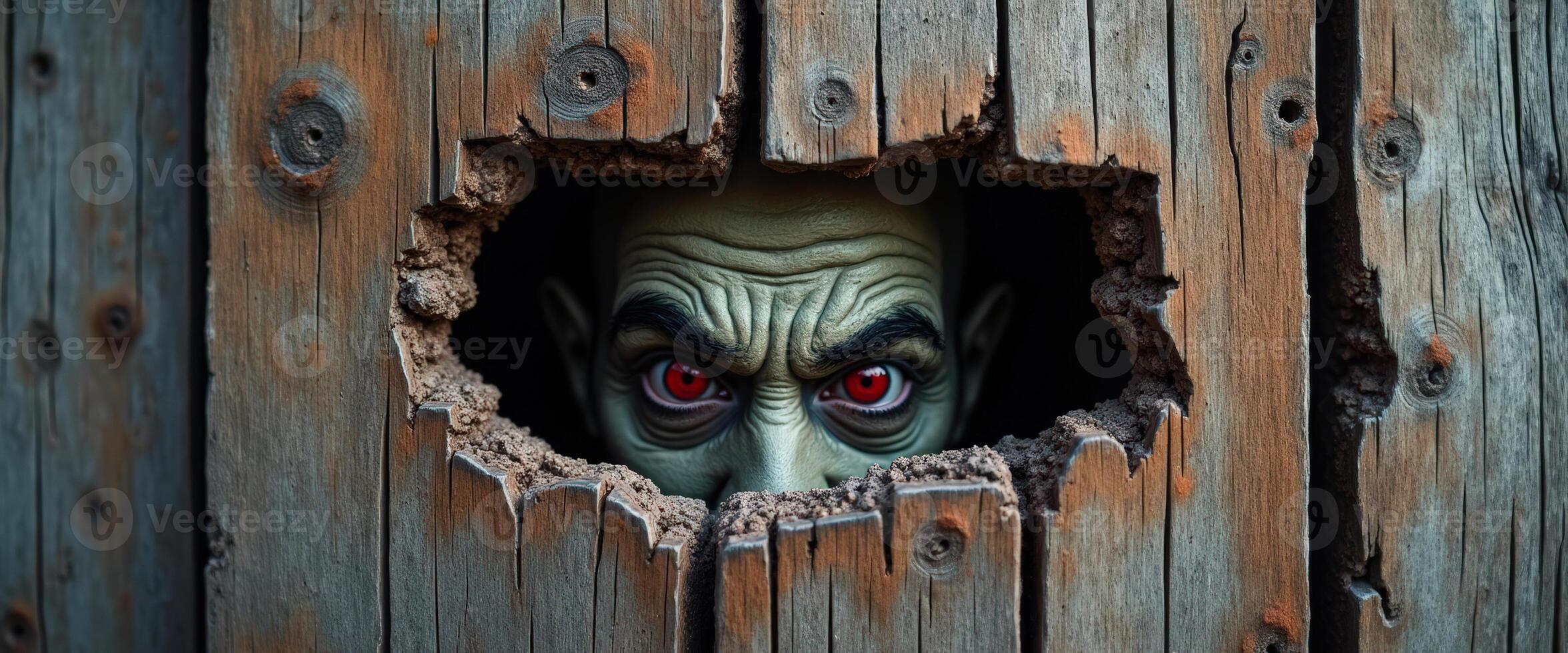 Creepy Red Eyes Peeking Through Hole in Wood photo