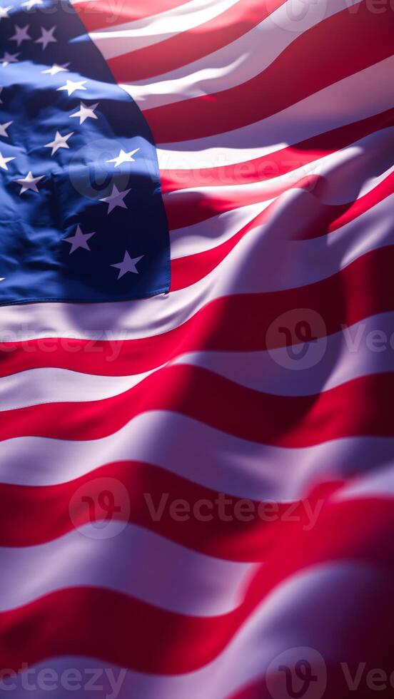 Close-up of Waving American Flag with Sunlight photo