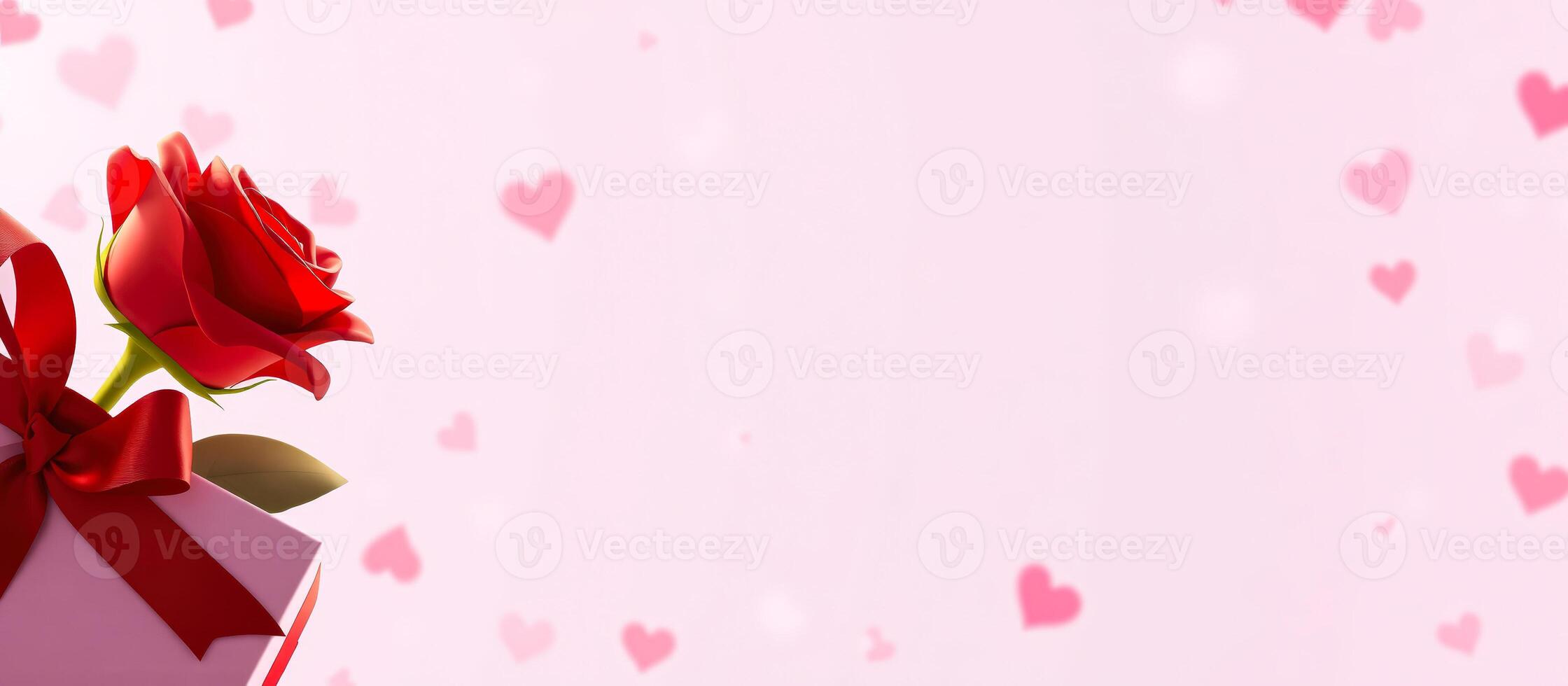 Pink Background with a Single Red Rose and Heart Confetti photo