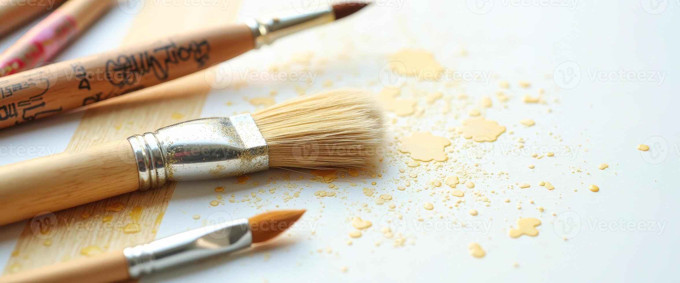 Close up of paintbrushes and gold paint splatter photo