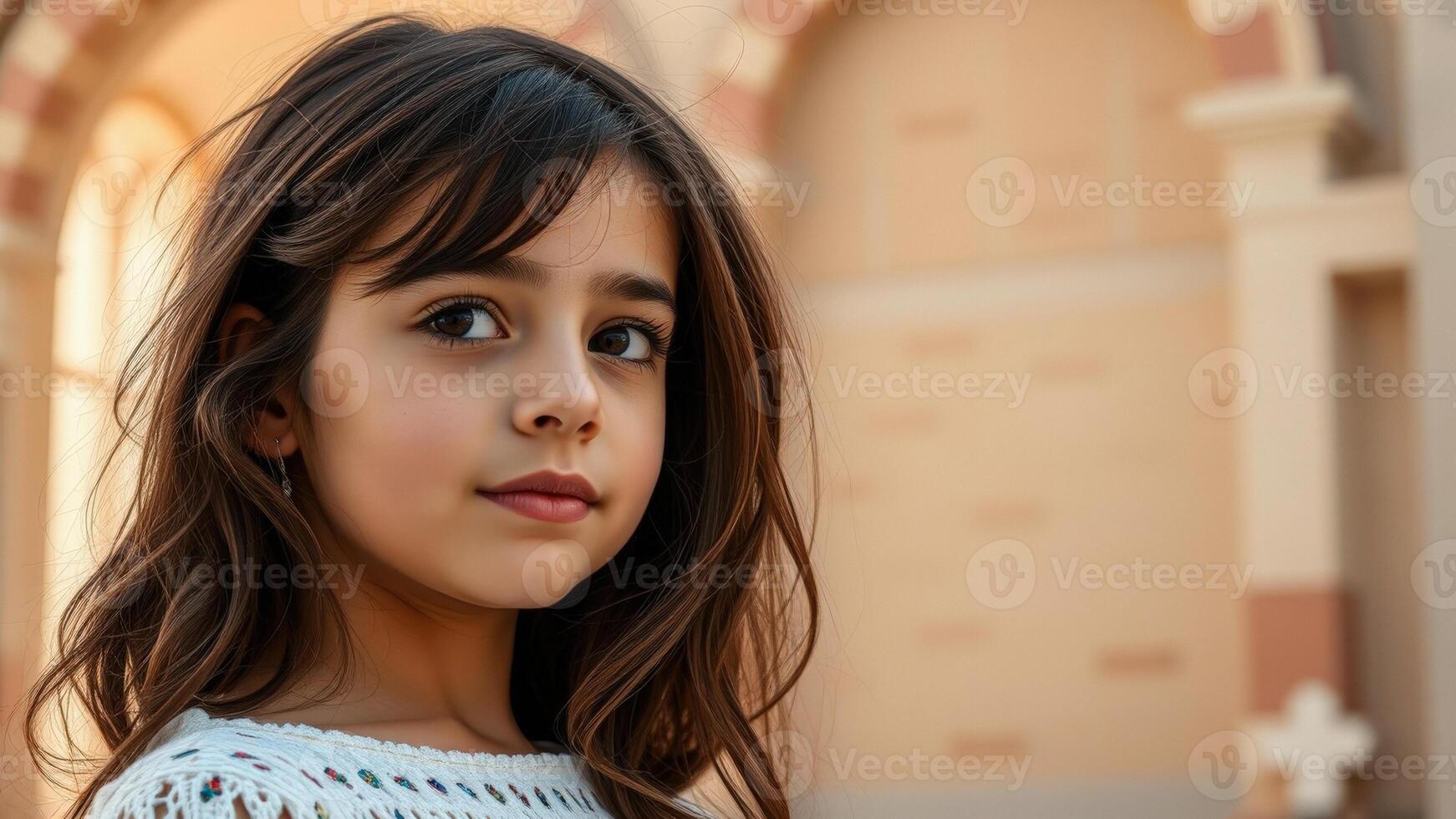 Young girl with long brown hair looking at camera photo