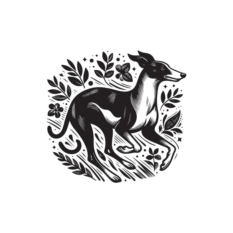 A black and white illustration of a greyhound running through a field vector