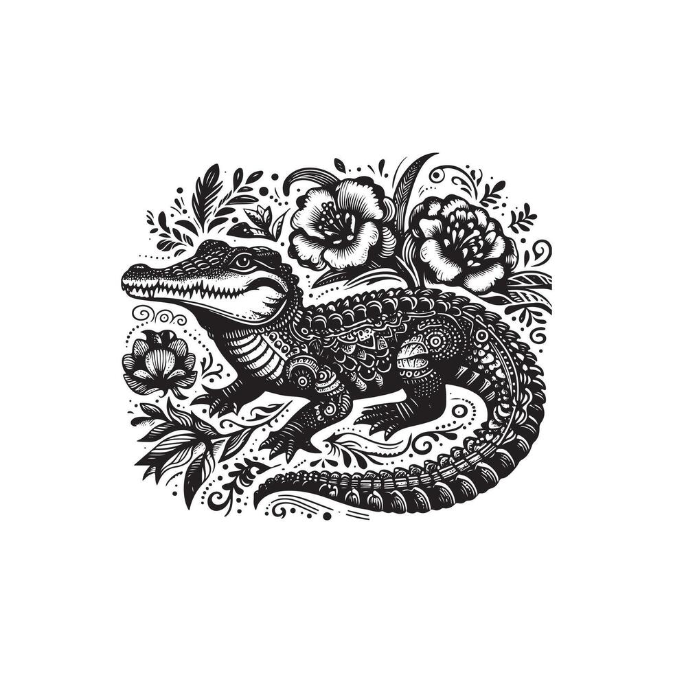An alligator in a floral pattern on a white background vector