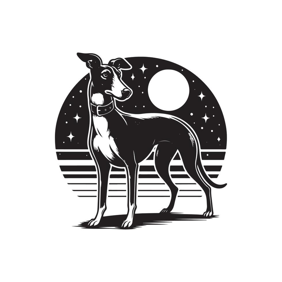 A black and white dog standing in front of a moon and stars vector