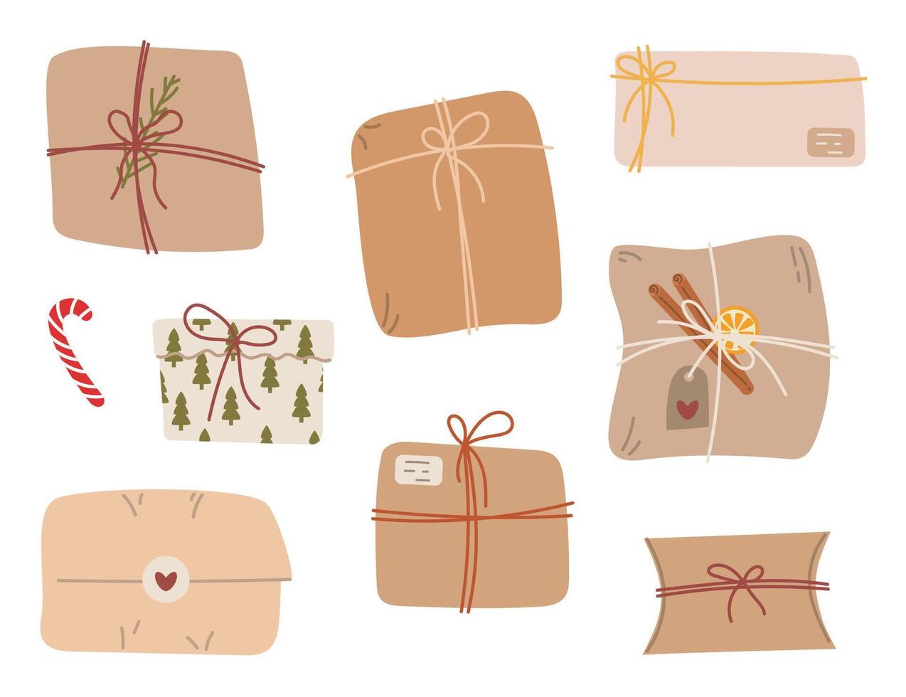 Collection of packaging made from natural craft paper, a gift box and gift bags, a set of eco-bags, ribbon, a Christmas tree branch, cinnamon and other decorative elements vector