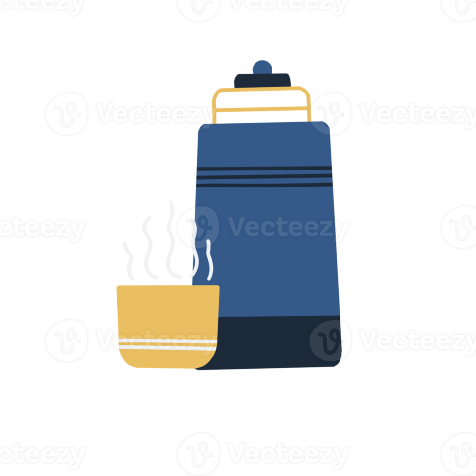 A blue and yellow coffee pot and cup png