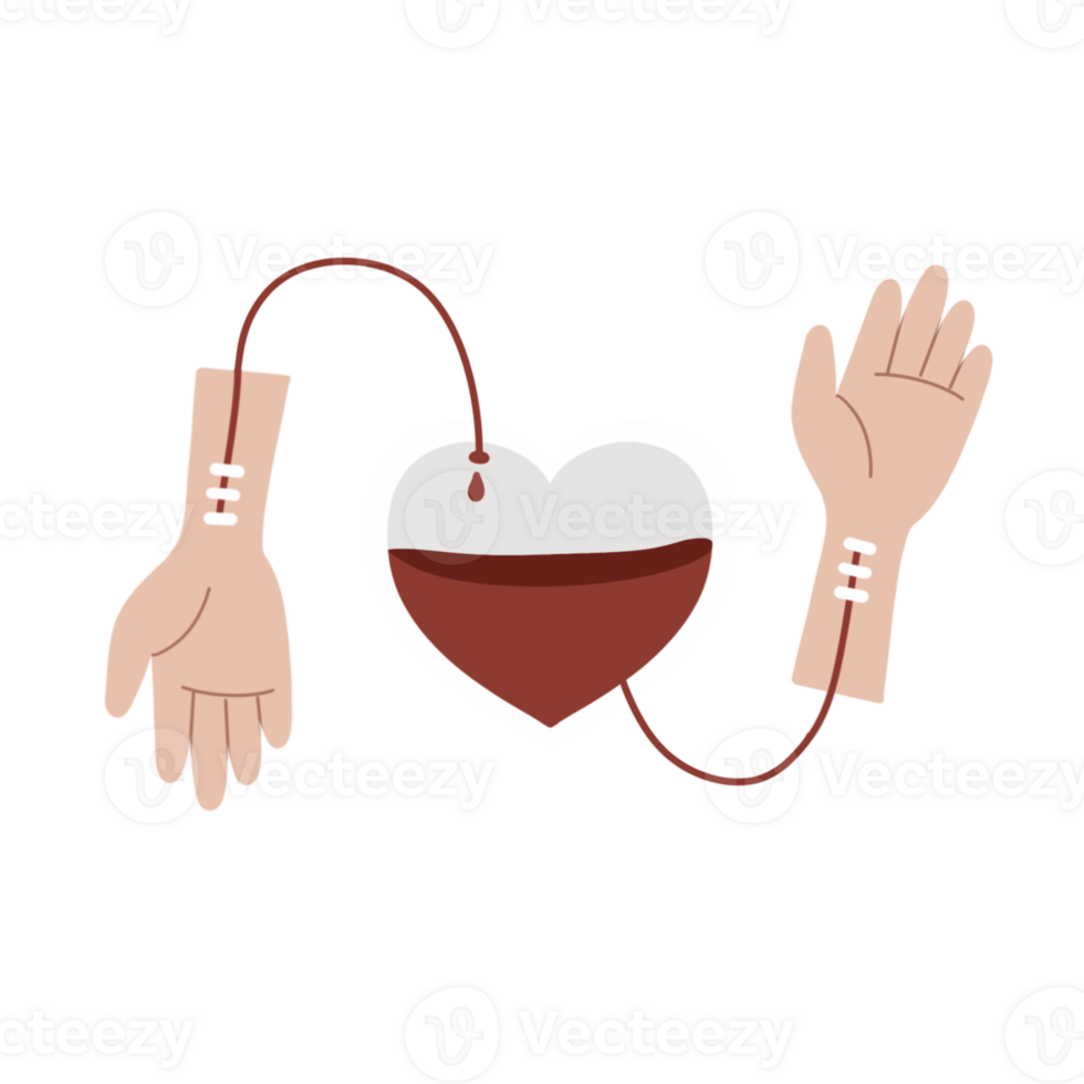 Two hands holding a blood bag and a heart png