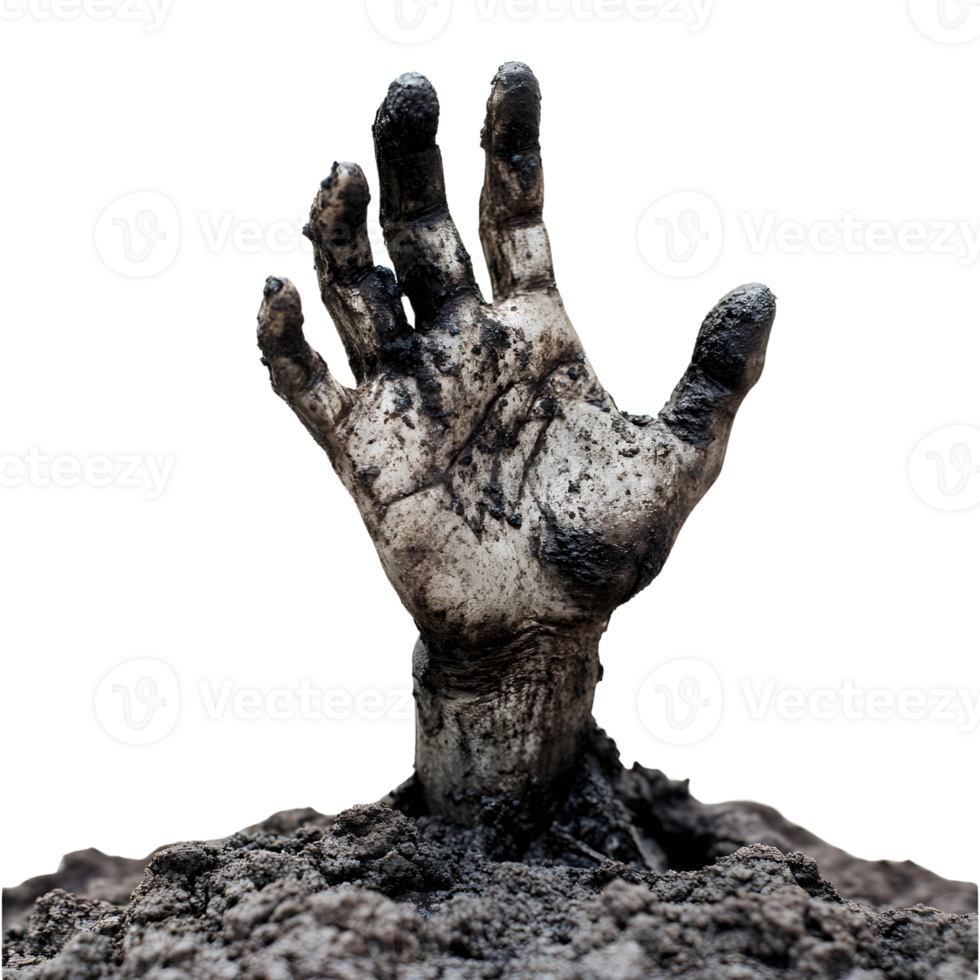 zombie hands emerging from the dirt, reaching out in terror, AI-Generateds png
