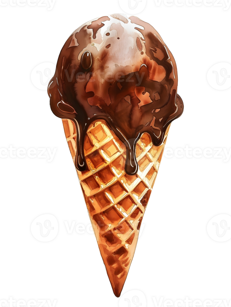 Chocolate ice cream dripping over a waffle cone, AI-Generateds png
