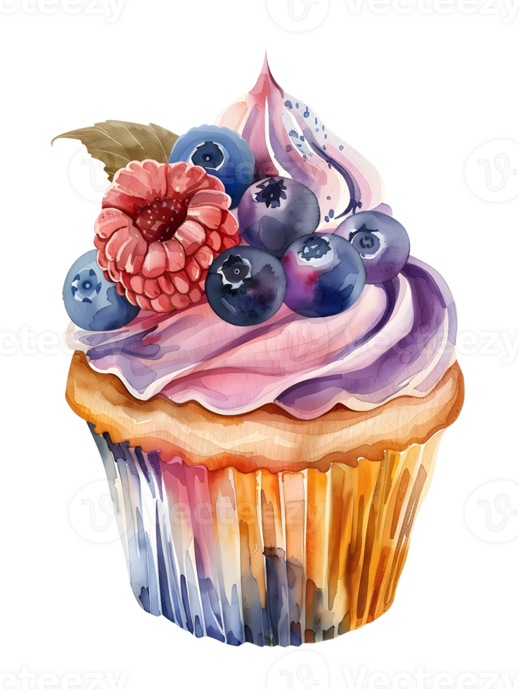 watercolor cupcakes topped with berries and creamy frosting, AI-Generateds png